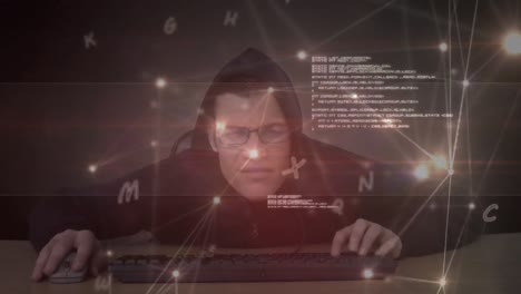 animación de redes de conexiones con letras sobre el hombre escribiendo en el teclado