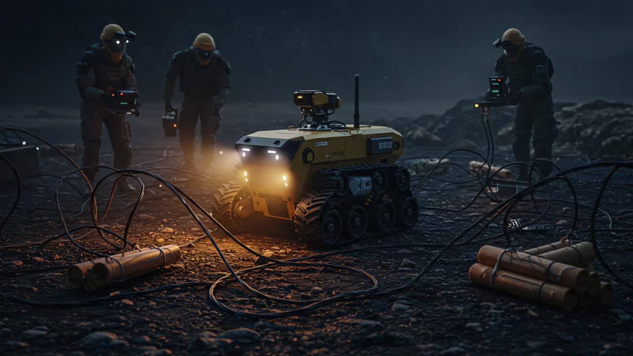 Robotica Avanzata Utilizzata in Ambienti Pericolosi: Un Team di Operatori Monitora un Robot Terrestre con Illuminazione e Cavi in un Contesto Industriale