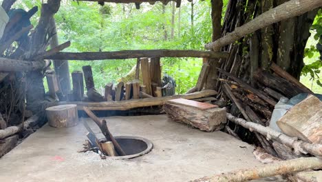 smoke fire in forest country side local people life in nature background green forest tree and outside cooking in backyard clay oven woodfire bonfire campfire travel concept and home bakery in iran