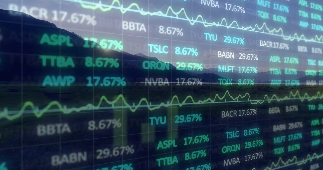 Ticker di mercato trasparente che traccia il feed, aggiornando percentuali e grafici in crescita su un riflesso di cresta.