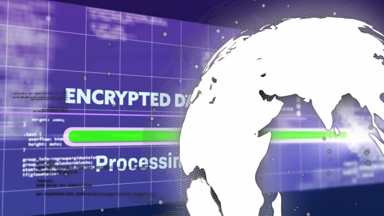 Encrypted data processing animation over digital globe and code background