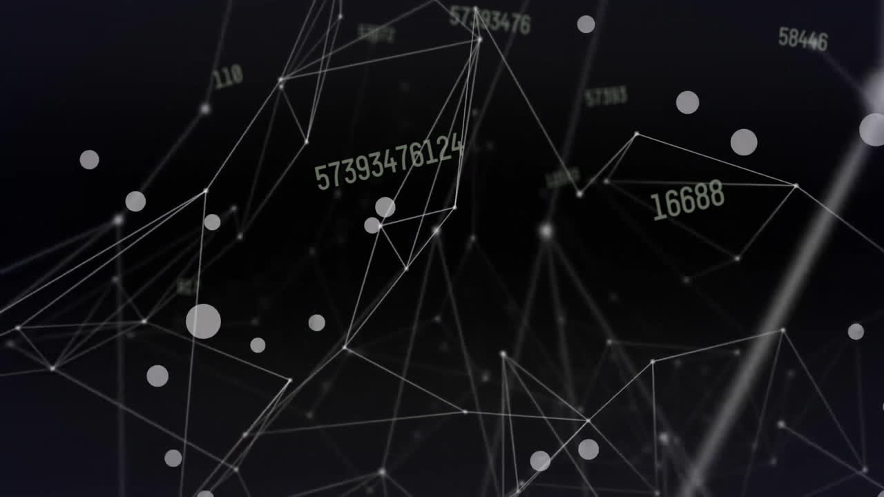 백색 점 위에 데이터 처리를 가진 연결 네트워크의 애니메이션