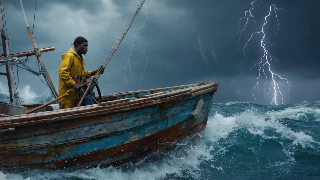 Fisherman Sailing Through a Stormy Sea
