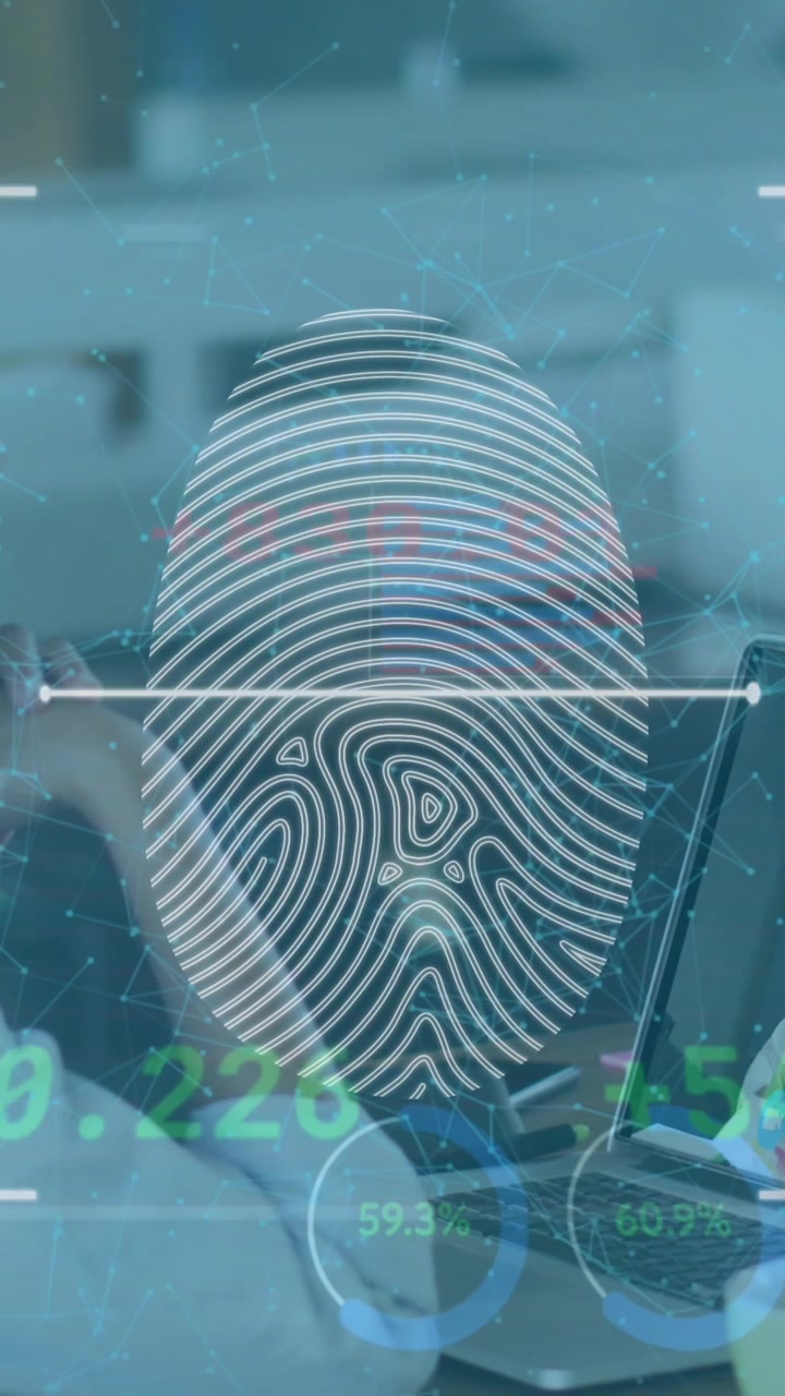 Animation of online biometric fingerprint over woman on laptop video call