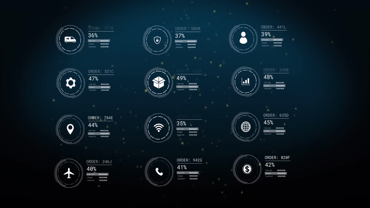 Animation of icons with data processing over light spots on black background