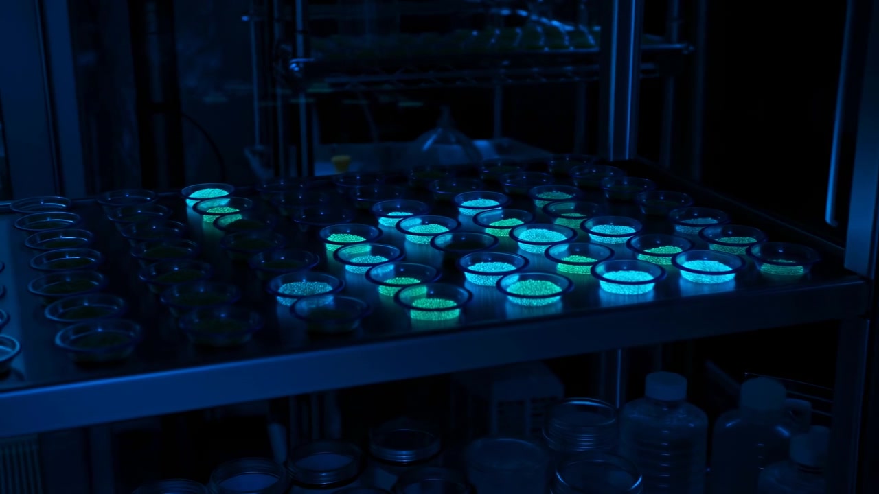 Rows of shallow petri dishes rest on metal wire racks inside dark laboratory space, while several center samples emit vivid green bioluminescent glow under cool blue ambient lighting