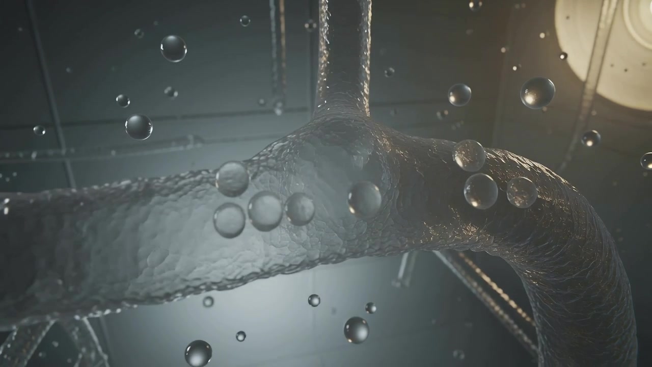 Camera reframing, large gel tube shedding bubbles releasing gas under ceiling grid, overhead lamp