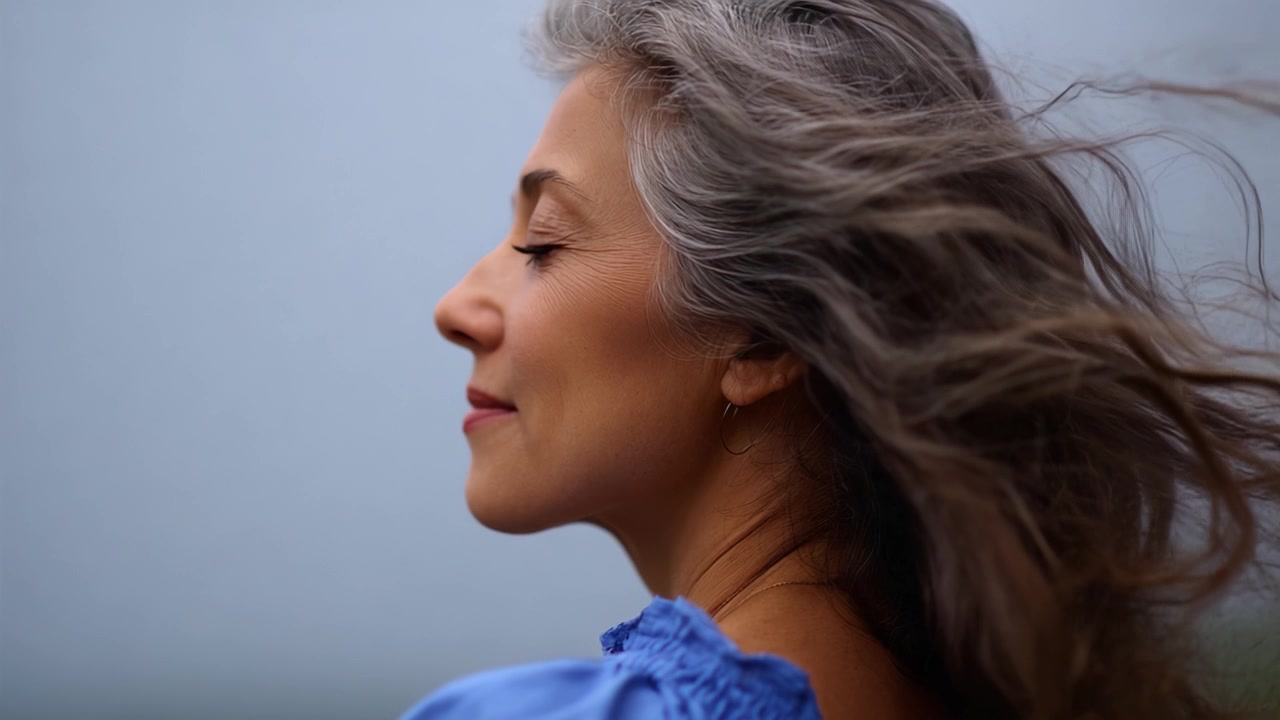 Un ritratto sereno di una donna con capelli grigi fluenti, che guarda pensierosa in lontananza, incarnando calma ed eleganza su uno sfondo blu tenue.