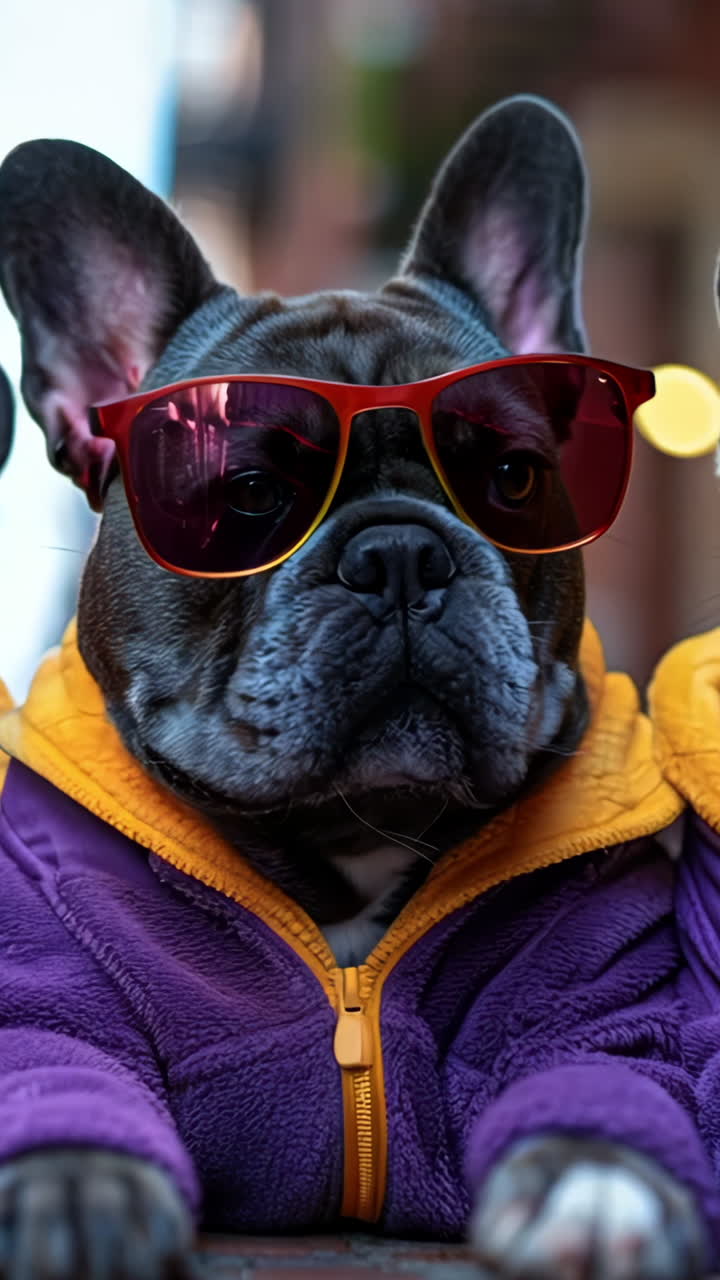 Three dogs wearing sunglasses and jackets are posing for a photo. Scene is playful and fun, as the dogs are dressed up and wearing sunglasses