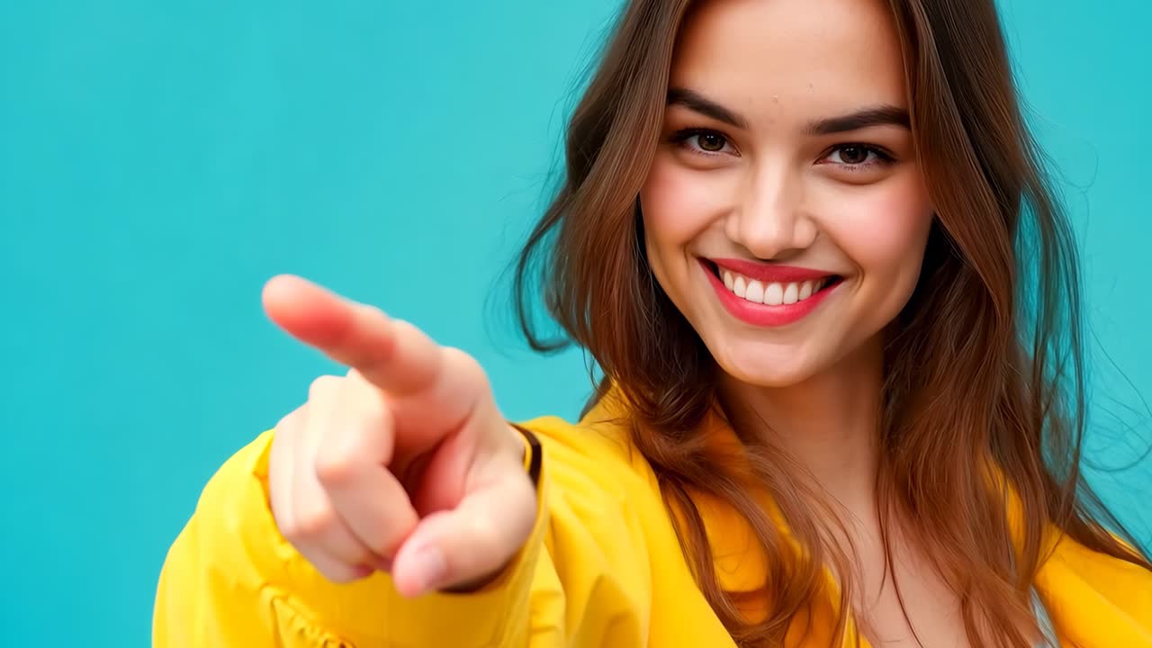 A woman in a yellow jacket pointing at the camera