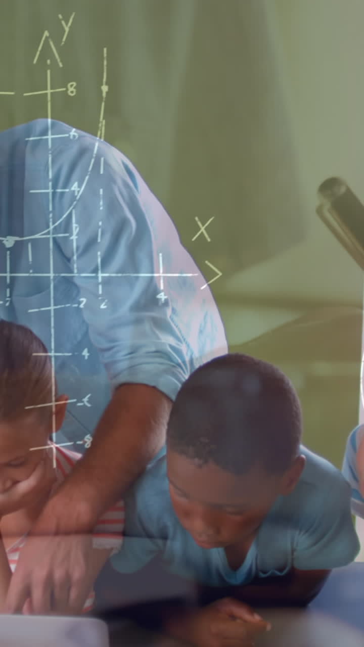 Animation of mathematical formulas over students and teacher in classroom