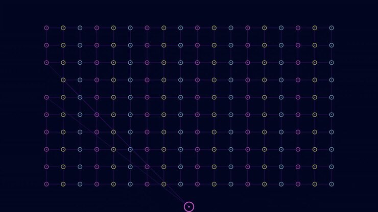 Rainbow neon rings and dots pattern with grid lines
