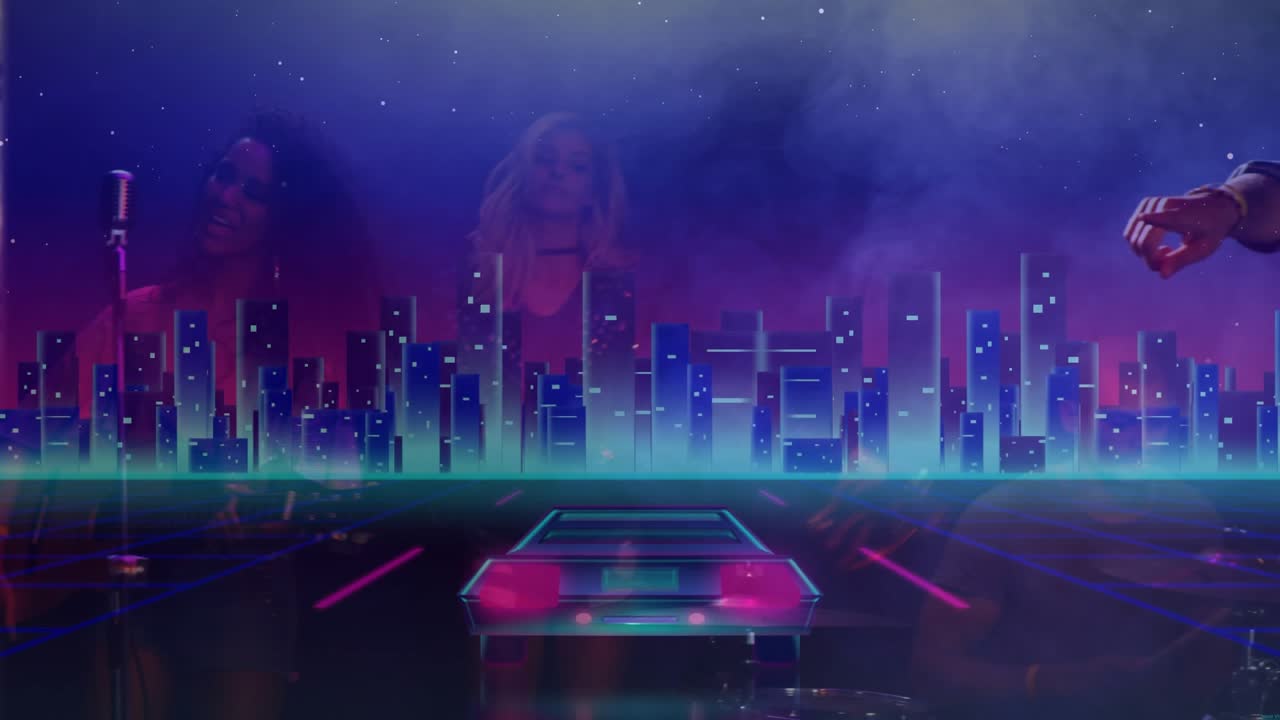 Lead vocalist moving right to center, grabbing mic, performing with ghosted backing over neon car