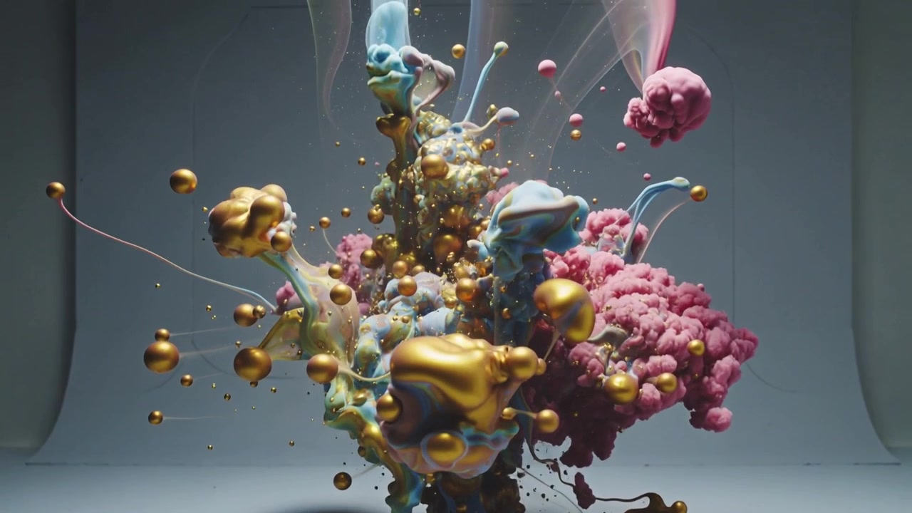 Scultura fluida che si espande a comando, espellendo perline d'oro, formando nastri blu e schiuma rosa in ciclorama.