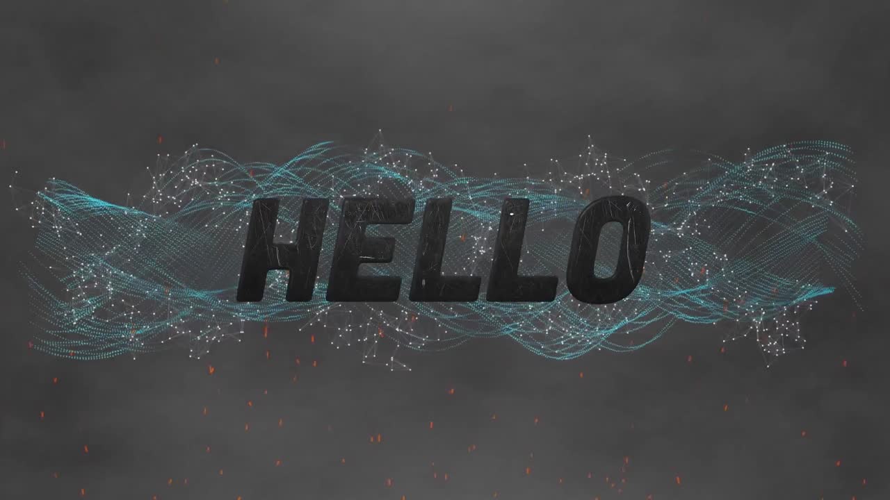 Digital animation of hello text against digital wave on grey background