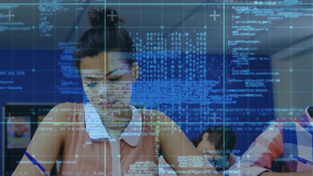 Computer code overlay sweeping in motivating teenage female student writing code notes in notebook