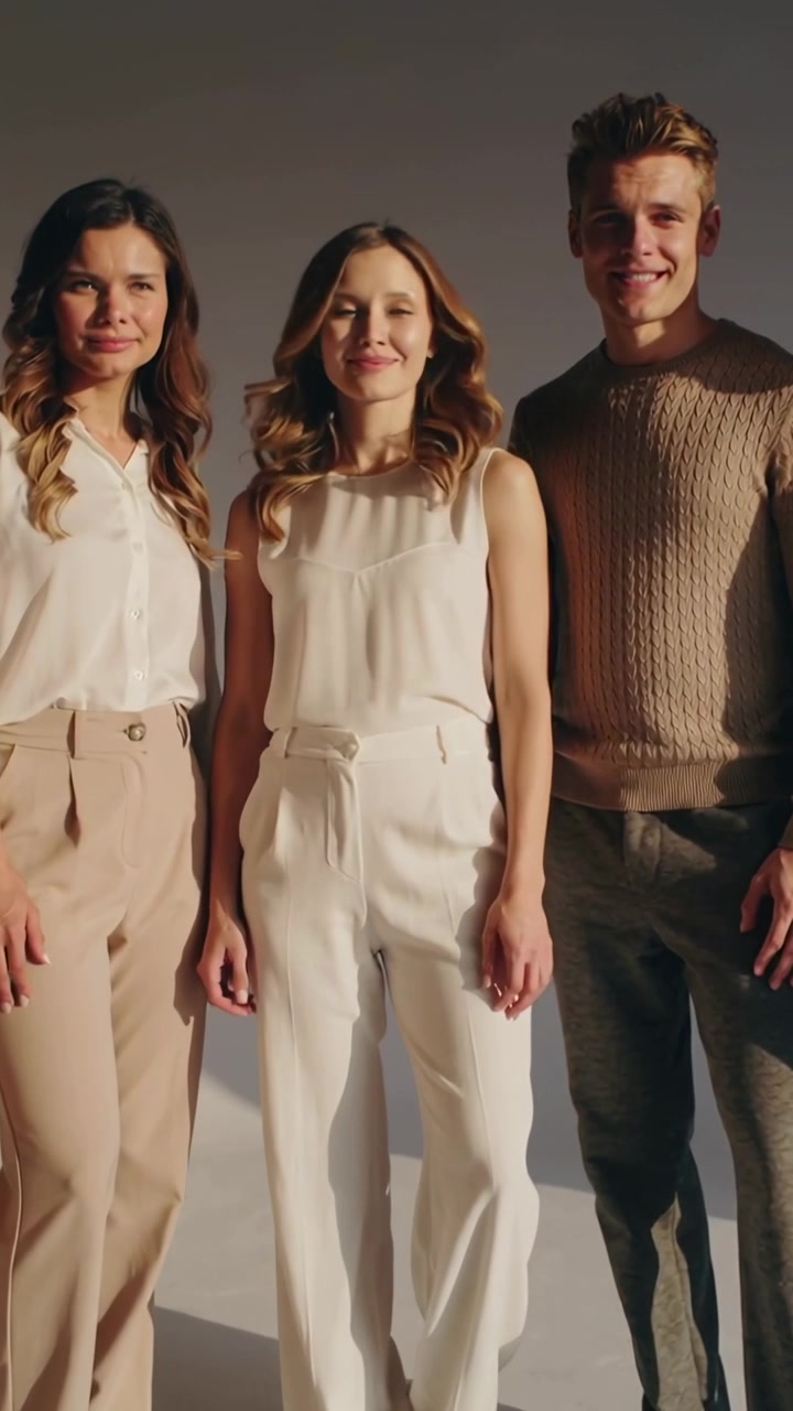 Vertical video: Responding to cue 3 models shifting and smiling in studio, posing with neutrals