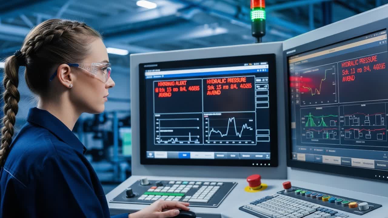 Female Technician Monitors Hydraulic Pressure Readings and Alerts on Control Screens in a High-Tech Industrial Environment