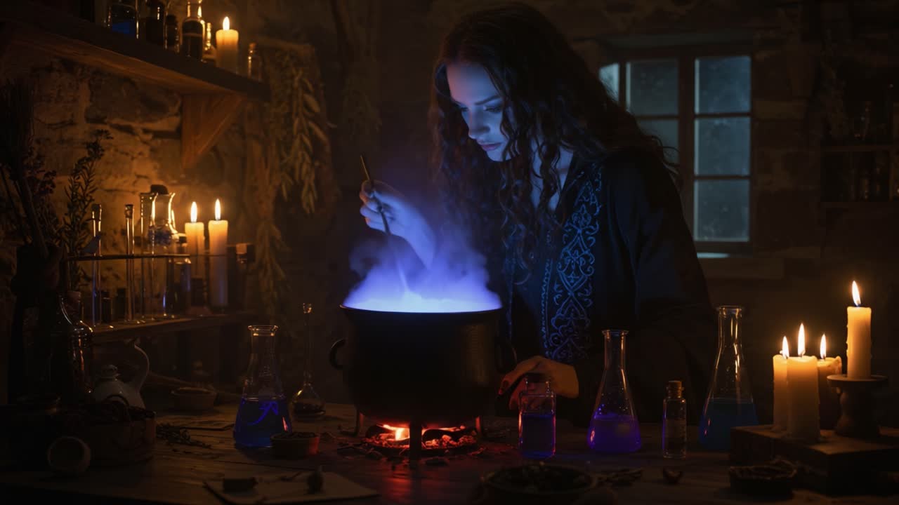 A Mysterious Sorceress Brewing Potions in a Candlelit Alchemy Lab, Surrounded by Glass Vials and Magical Ingredients, Creating Enchantment under Dim Light