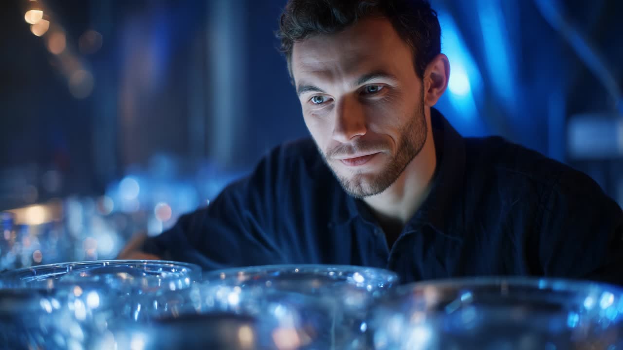 A focused man inspects a row of bright, reflective glass bowls in a dimly lit environment, showcasing an atmosphere of concentration and the beauty of light interacting with these crystal-like objects