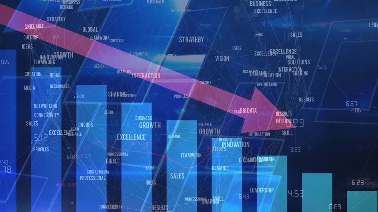 아래를 가리키는 빨간색 화살표와 비즈니스 텍스트를 가진 통계의 애니메이션