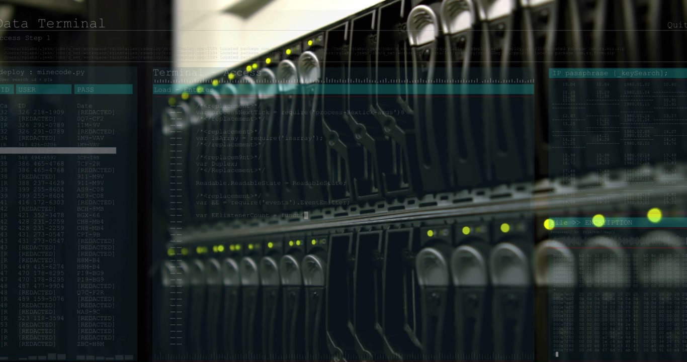 Animation of data processing over computer servers in background