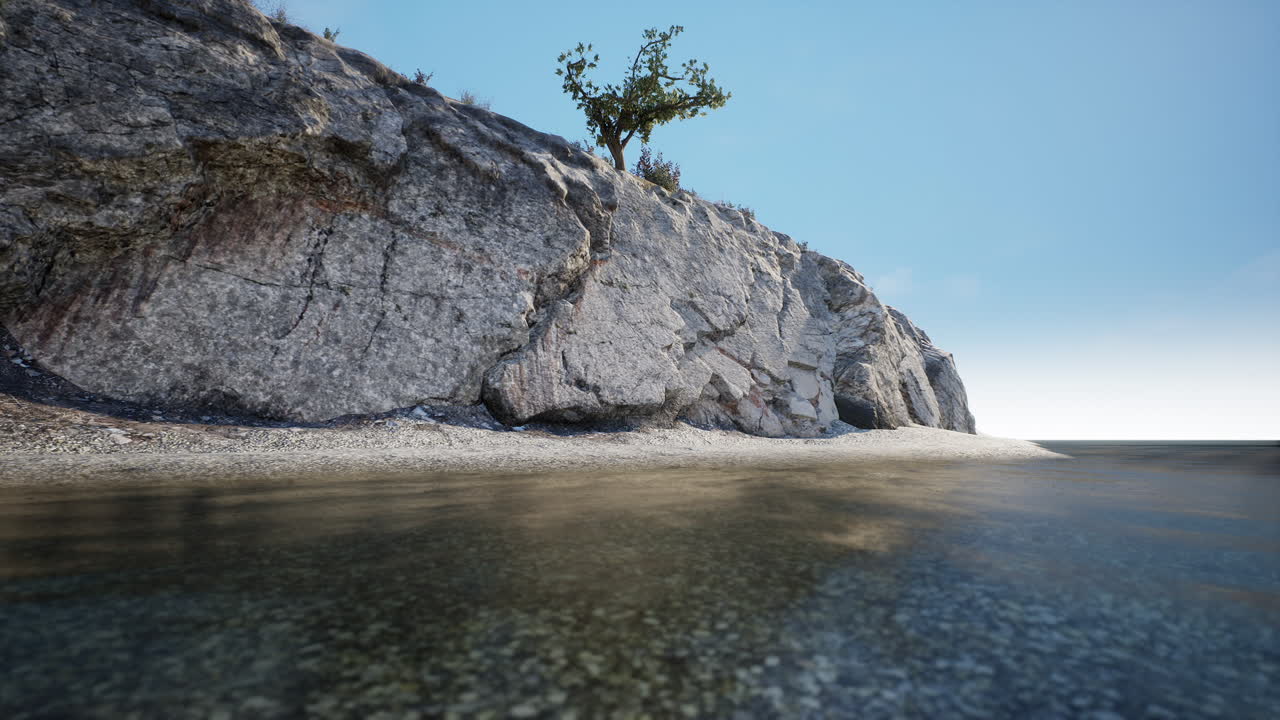 Serene coastal view showcasing rocky shoreline and solitary tree at midday