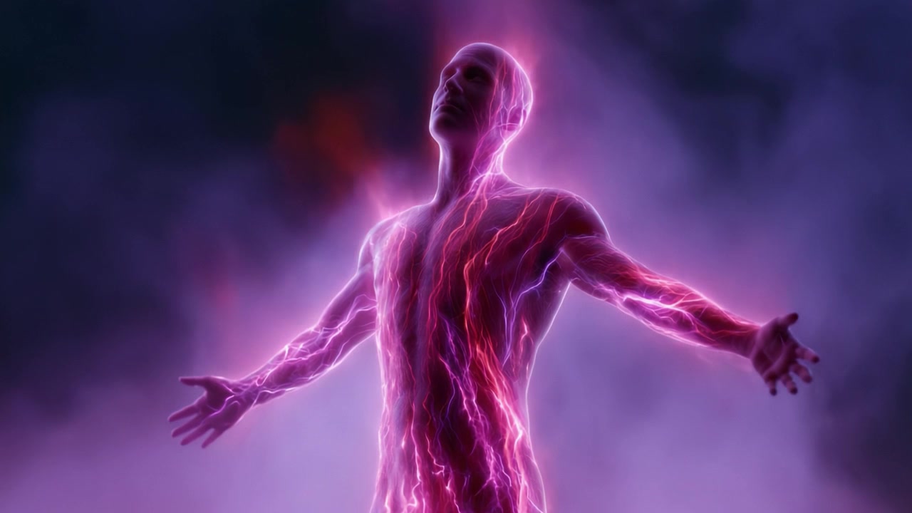 A dynamic representation of a figure illuminated by vibrant energy, showcasing the interplay of light and shadow, highlighting the essence of vitality and existence.