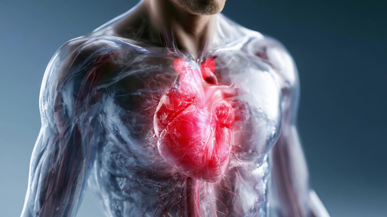 Esplorazione anatomica del corpo umano: rappresentazione visiva dettagliata del cuore all'interno di un torace trasparente, evidenziando le caratteristiche circolatorie e gli elementi vascolari.