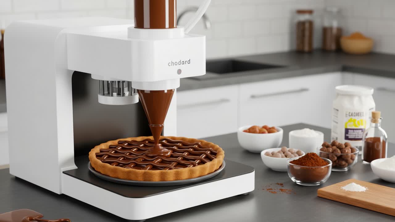 Innovative Chocolate Dispenser Enhances Pâtisserie Experience with Precision Pouring for Perfect Dessert Creations in a Modern Kitchen Setting