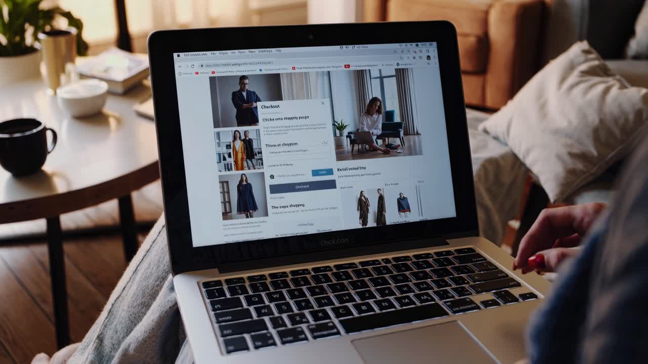 Over-the-shoulder angle captures a cozy home setting with a laptop displaying an online shopping