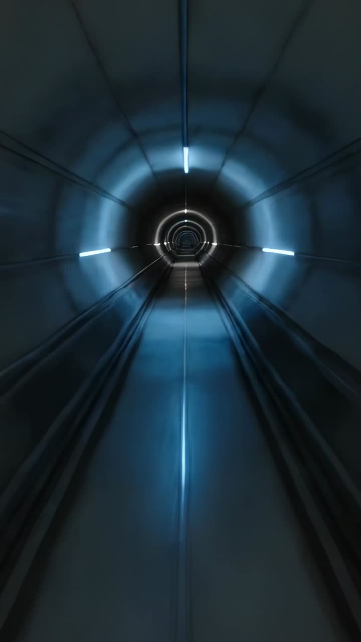 Camera starting at tunnel entrance, moving along walkway toward ring lights, showing depth