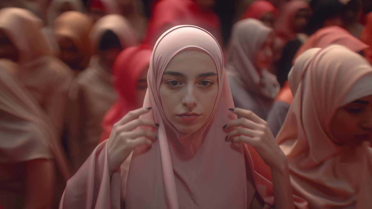 Young woman removing pink hijab in crowd of muslim women