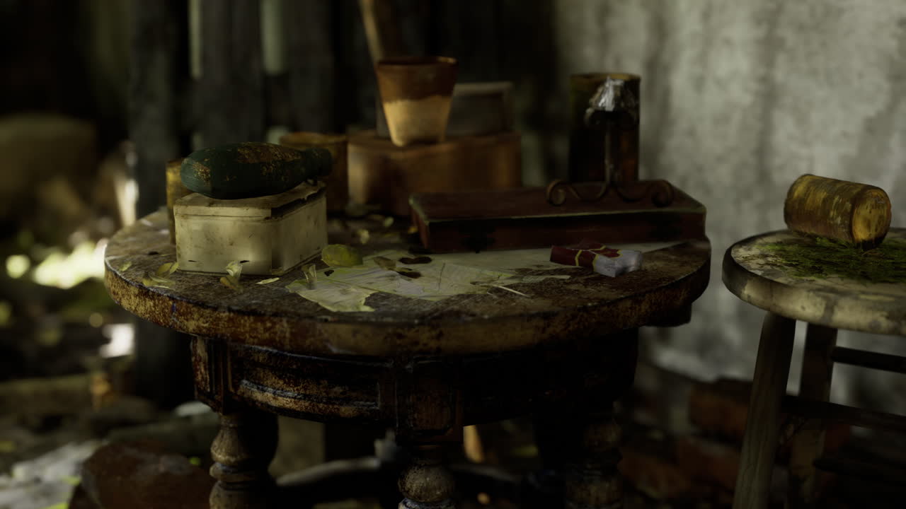Dusty table in an abandoned room with remnants of forgotten items
