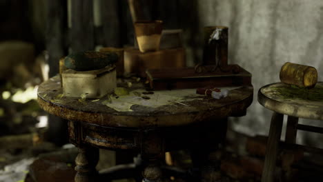 dusty table in an abandoned room with remnants of forgotten items