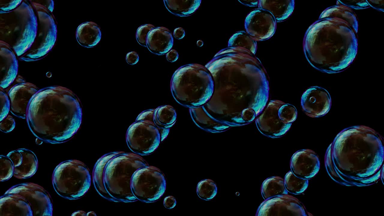 Meditative calm video of surreal flight through gently floating transparent bubbles, abstract motion graphic