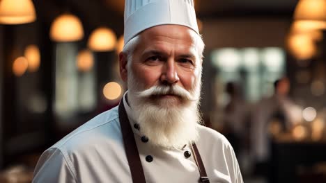 un hombre con una barba blanca y un sombrero blanco de pie en un restaurante