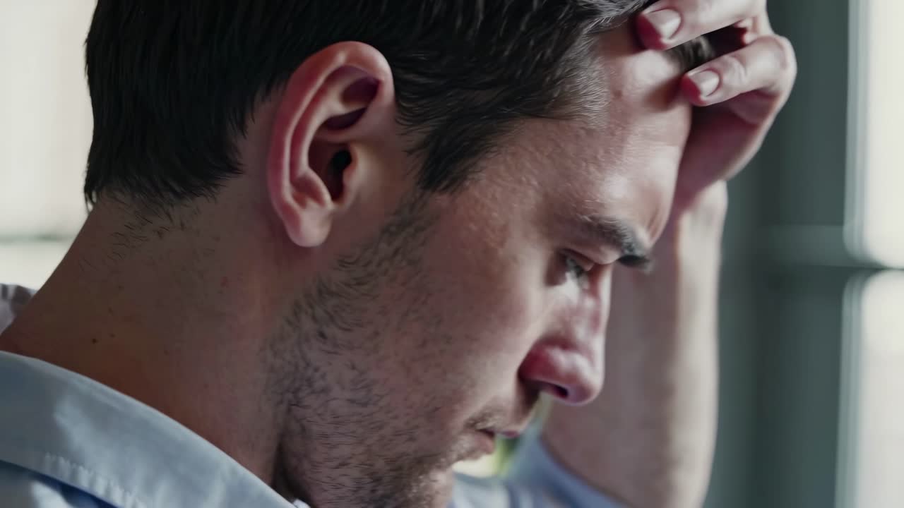 Close-up side profile of a man looking stressed, hand on forehead