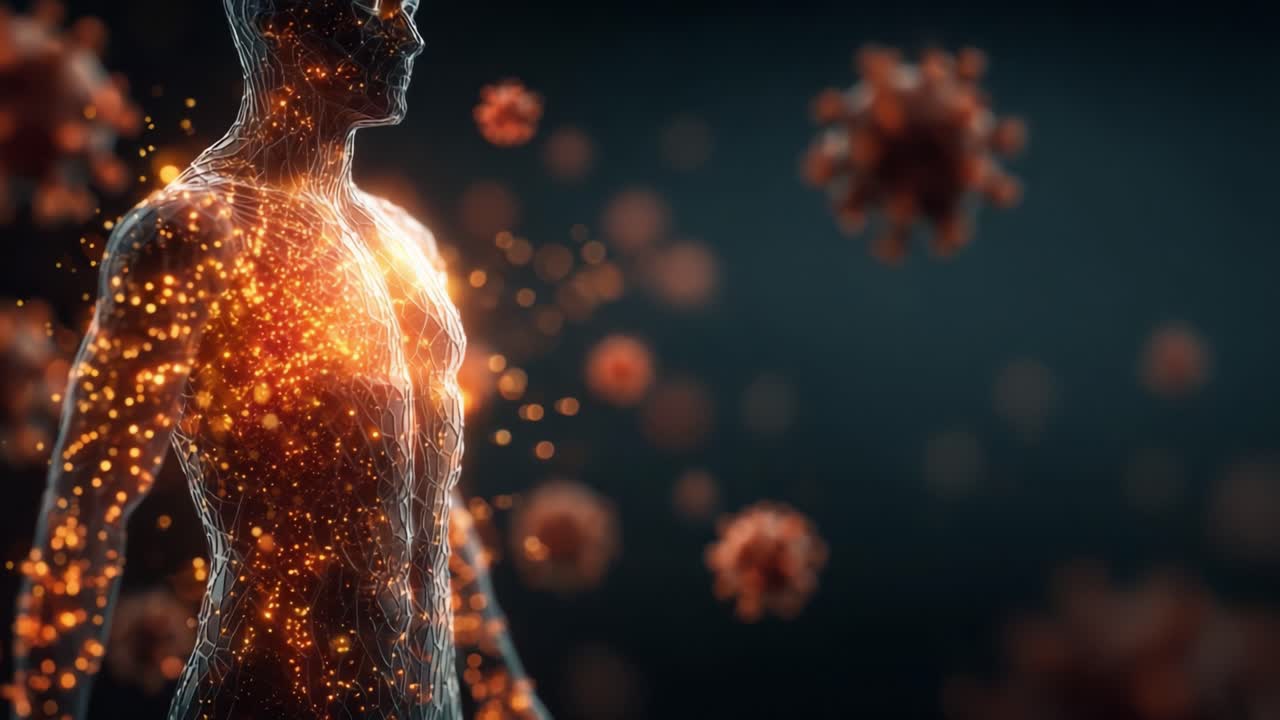 A Dynamic Visualization of the Human Body Surrounded by Abstract Particles Representing Viruses, Highlighting the Interaction Between Health and Illness
