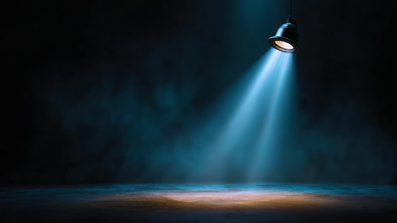 A Dramatic Spotlight Illuminating a Dark Stage, Creating an Enigmatic Atmosphere with Shadows and Soft Blue Lighting, Perfect for Performances or Presentations