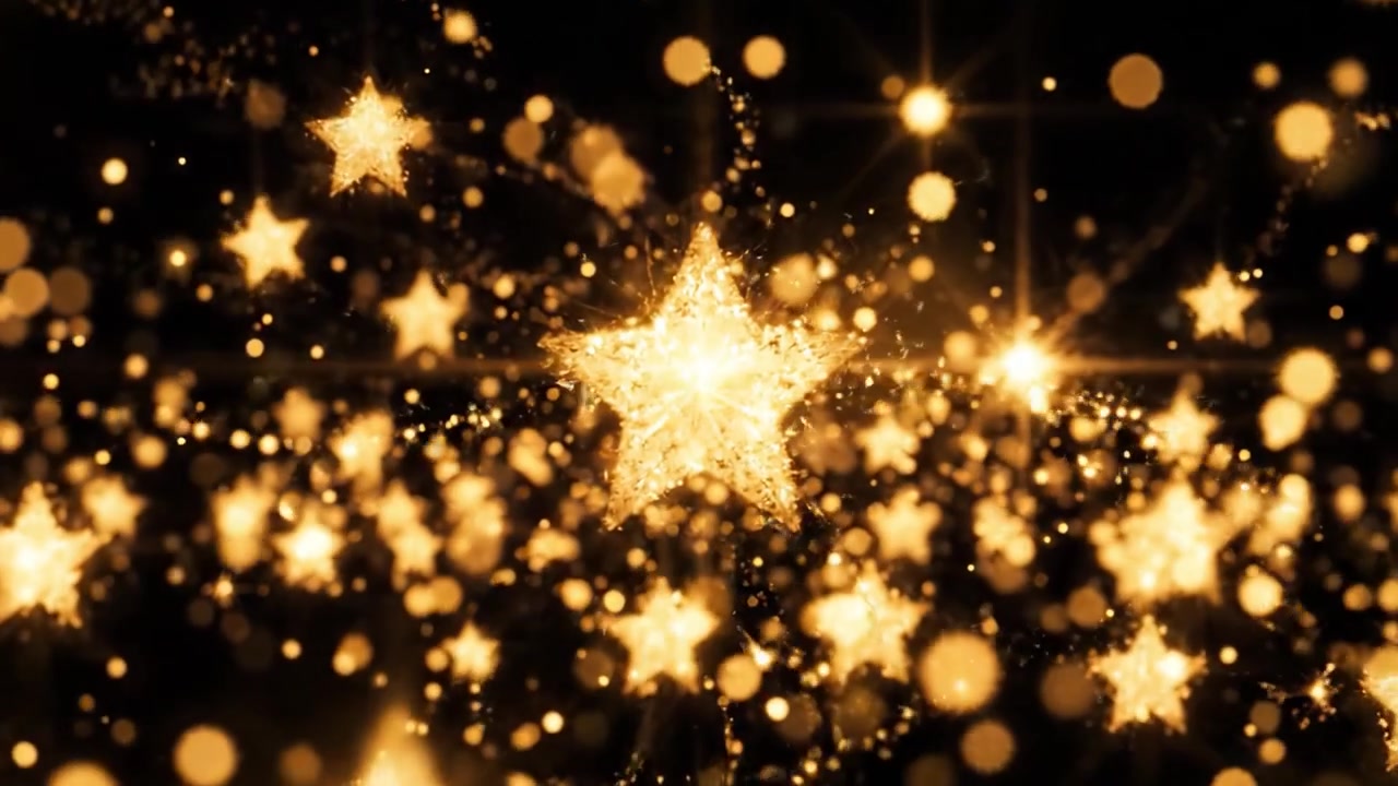 Un'affascinante esposizione di stelle scintillanti e particelle luminose su uno sfondo scuro, che crea un'atmosfera magica e incantevole per le occasioni di festa