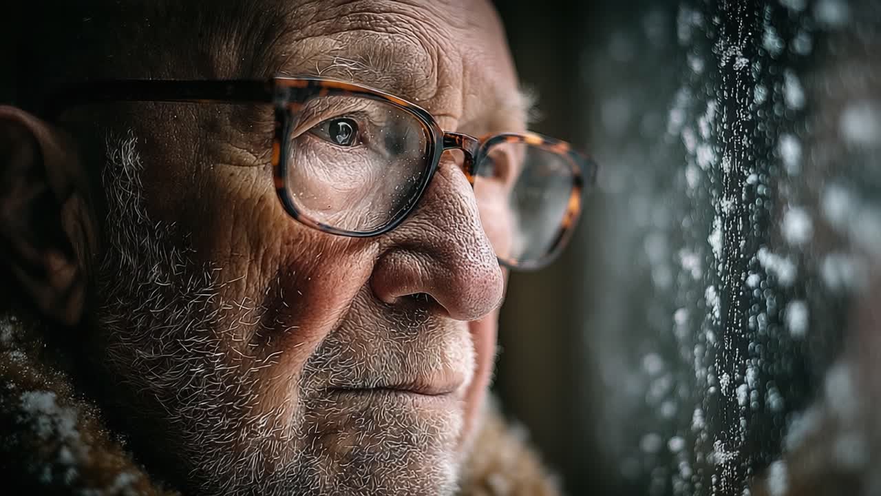 A Thoughtful Elder Gazes Out at the Winter Wonderland, Reflecting on Life's Experiences and Memories Through the Frosted Window Pane