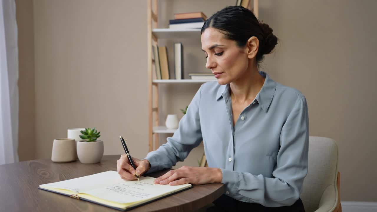 Thinking, writing woman in blue blouse glancing, resuming notes at home table with pen and notebook