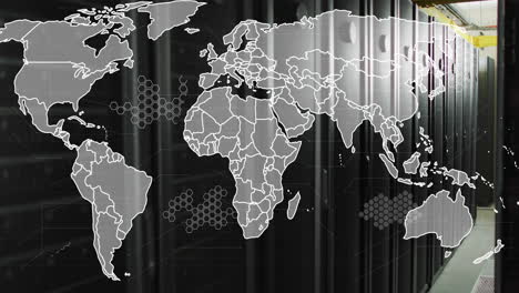 world map with network connections animation over server room background