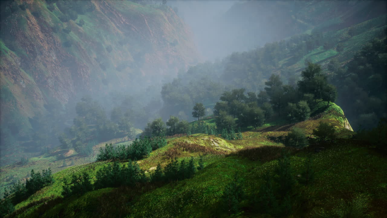 paisaje de valle de montaña brumoso