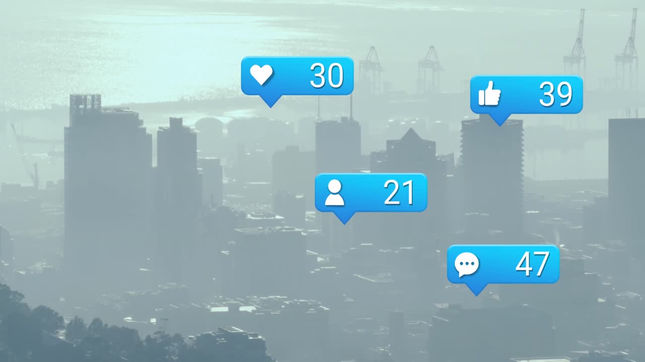 소셜 미디어 아이콘의 애니메이션과 도시 풍경에 대한 데이터 처리