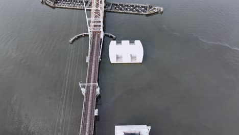 Aerial-view-of-new-River-Draw-Bridge-being-constructed-next-to-old-one-on-the-Raritan-River-in-Perth-Amboy,-NJ