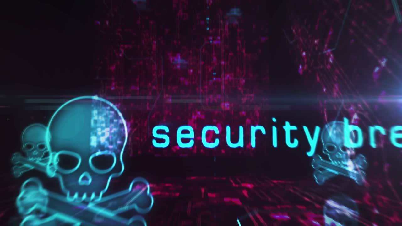 pirata del cráneo y símbolos de ciberataque en línea concepto cibernético de bucle