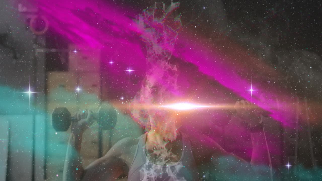 Colorful cosmic animation over person exercising with weights in gym