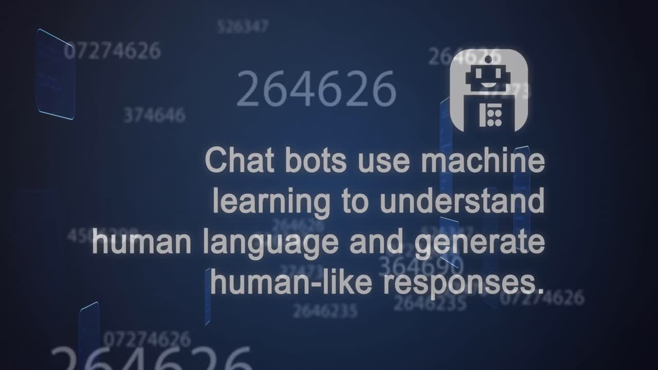 Animation of ai data processing, chat and icons over blue background